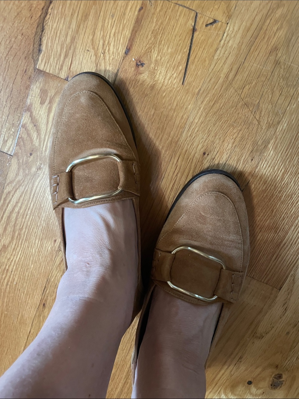 Frame Tan Suede Loafers with Gold Buckle Accent